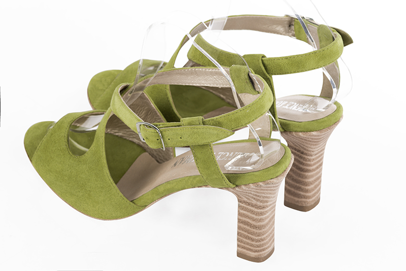 Pistachio green women's open back sandals, with crossed straps. Round toe. High kitten heels. Rear view - Florence KOOIJMAN